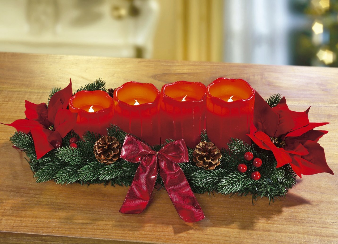 Tischgesteck rot mit LED Echtwachskerze Weihnachten Weihnachtsgesteck Gesteck