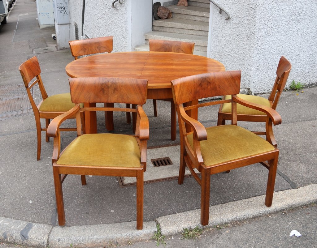 ART DÉCO ESSZIMMER Esstisch ausziehbar + 6 Stühle Armlehnstuhl Nussbaum